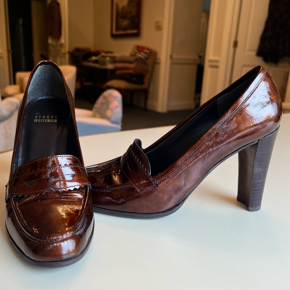 Stuart Weitzman Patent Leather Tortoise Loafer Heel